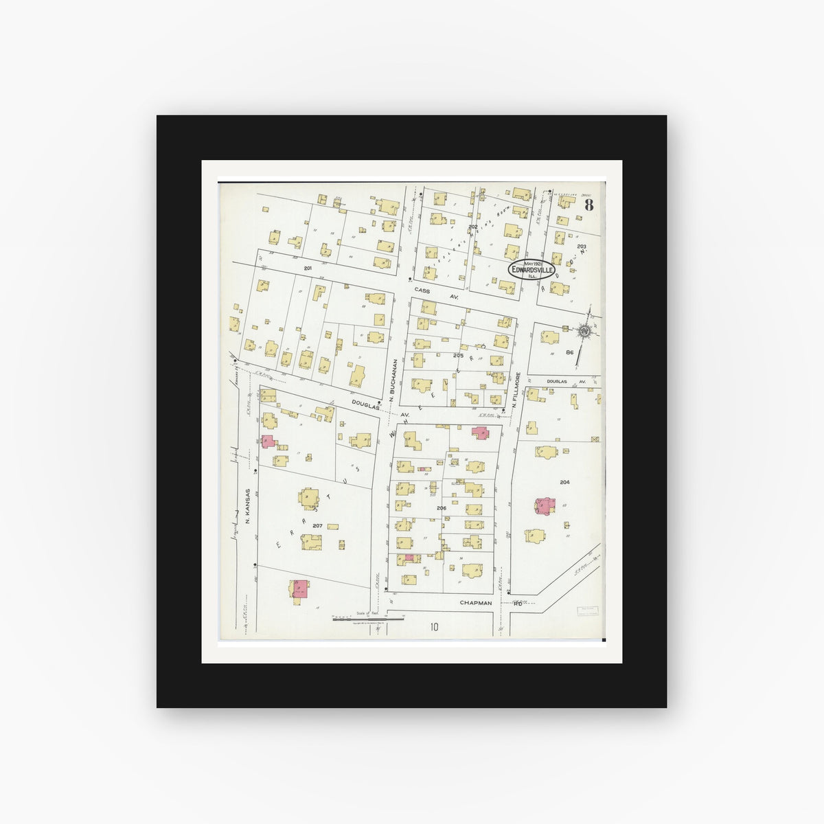 Old map wall art mockup — black gallery frame with white mat — Sanborn Fire Insurance Map from Edwardsville, Madison County, Illinois (1921), Sheet #0008