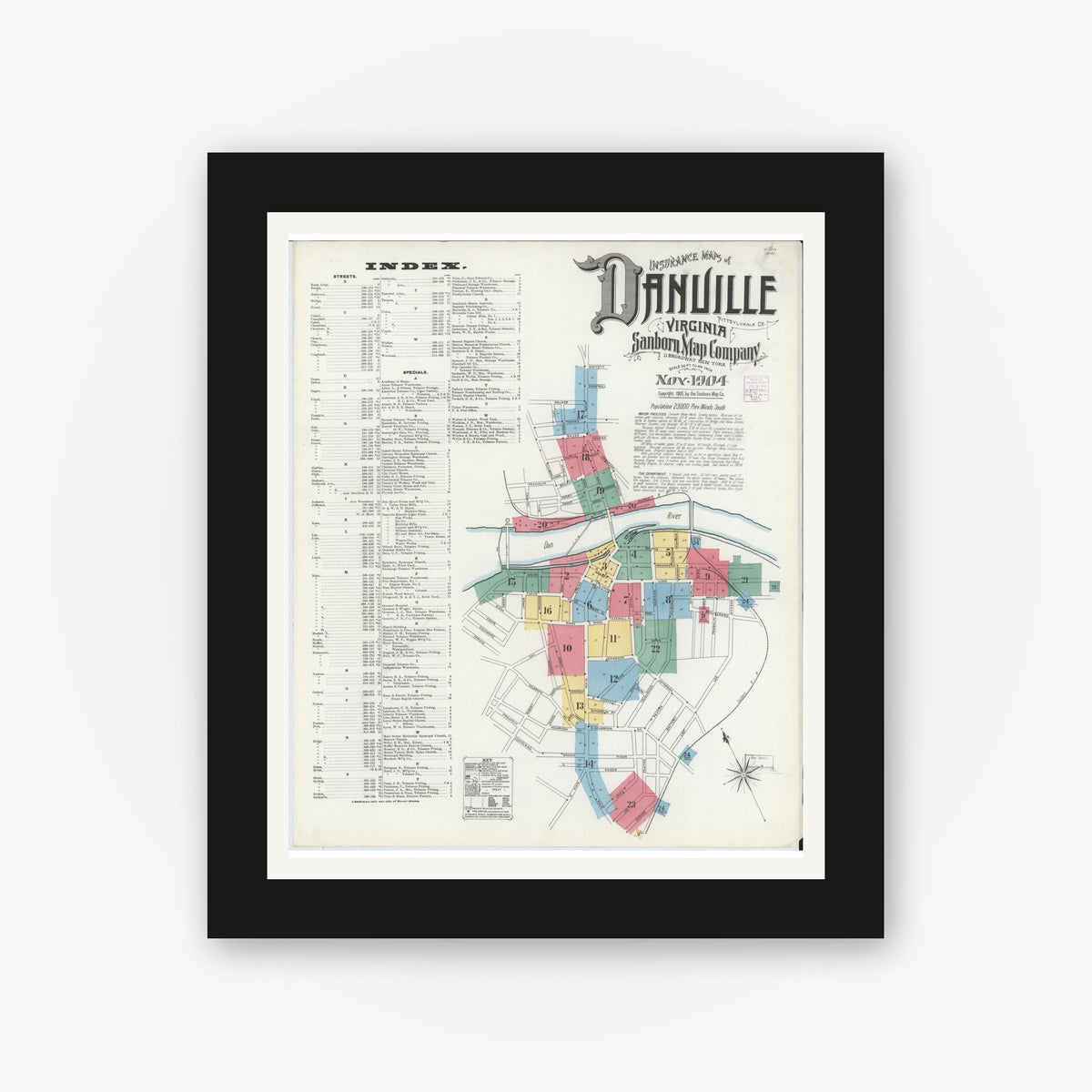 Old map wall art mockup — black gallery frame with white mat — Sanborn Fire Insurance Map from Danville, Independent Cities, Virginia (1904), Sheet #0001