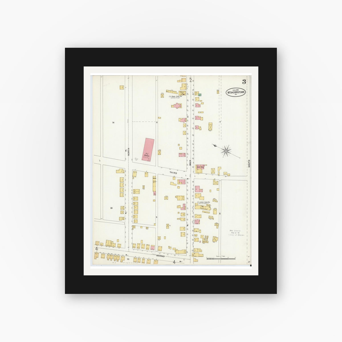 Old map wall art mockup — black gallery frame with white mat — Sanborn Fire Insurance Map from McSherrystown, Adams County, Pennsylvania (1899), Sheet #0003