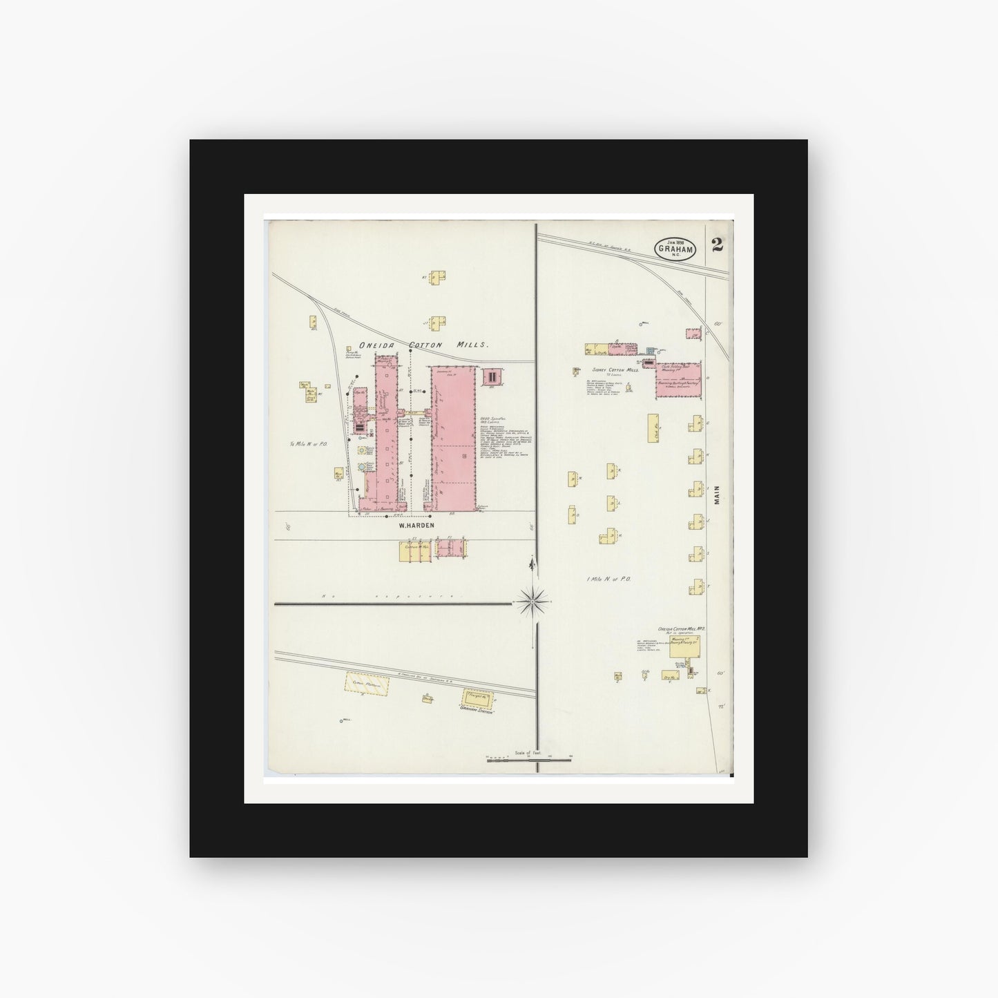Old map wall art mockup — black gallery frame with white mat — Sanborn Fire Insurance Map from Graham, Alamance County, North Carolina (1898), Sheet #0002