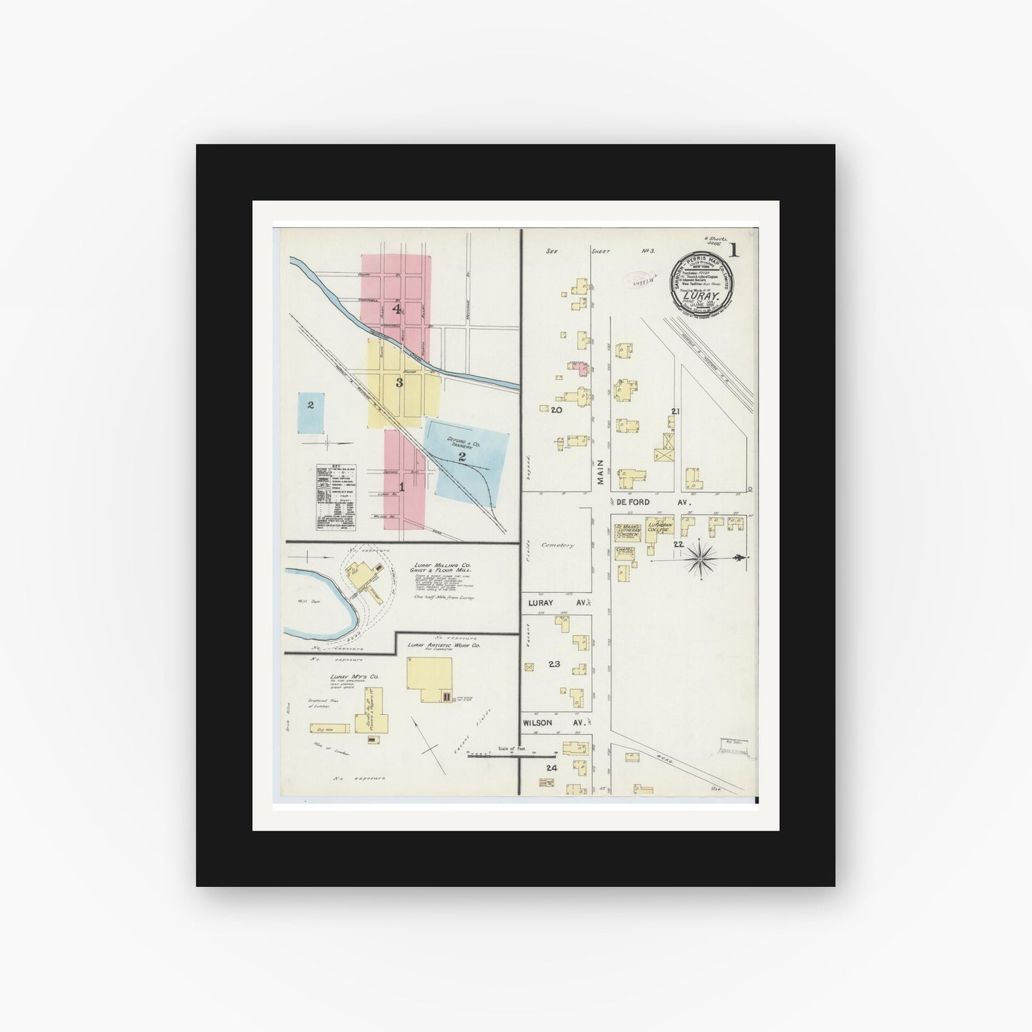 Old map wall art mockup — black gallery frame with white mat — Sanborn Fire Insurance Map from Luray, Page County, Virginia (1891) - Complete Map Set