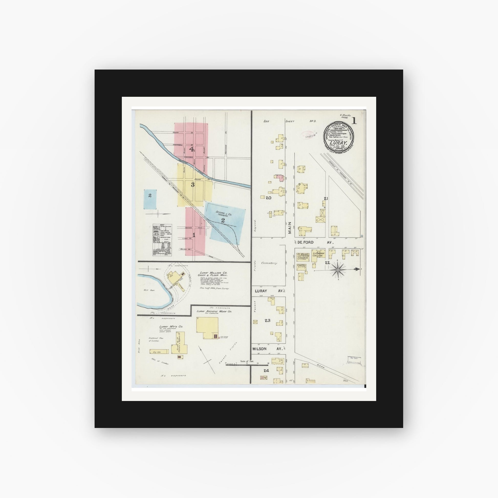 Old map wall art mockup — black gallery frame with white mat — Sanborn Fire Insurance Map from Luray, Page County, Virginia (1891) - Complete Map Set