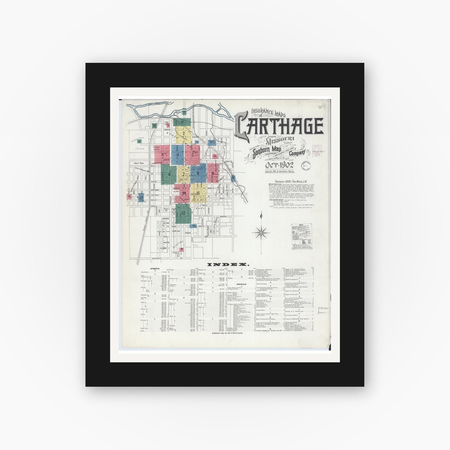 Old map wall art mockup — black gallery frame with white mat — Sanborn Fire Insurance Map from Carthage, Jasper County, Missouri (1902) - Complete Map Set