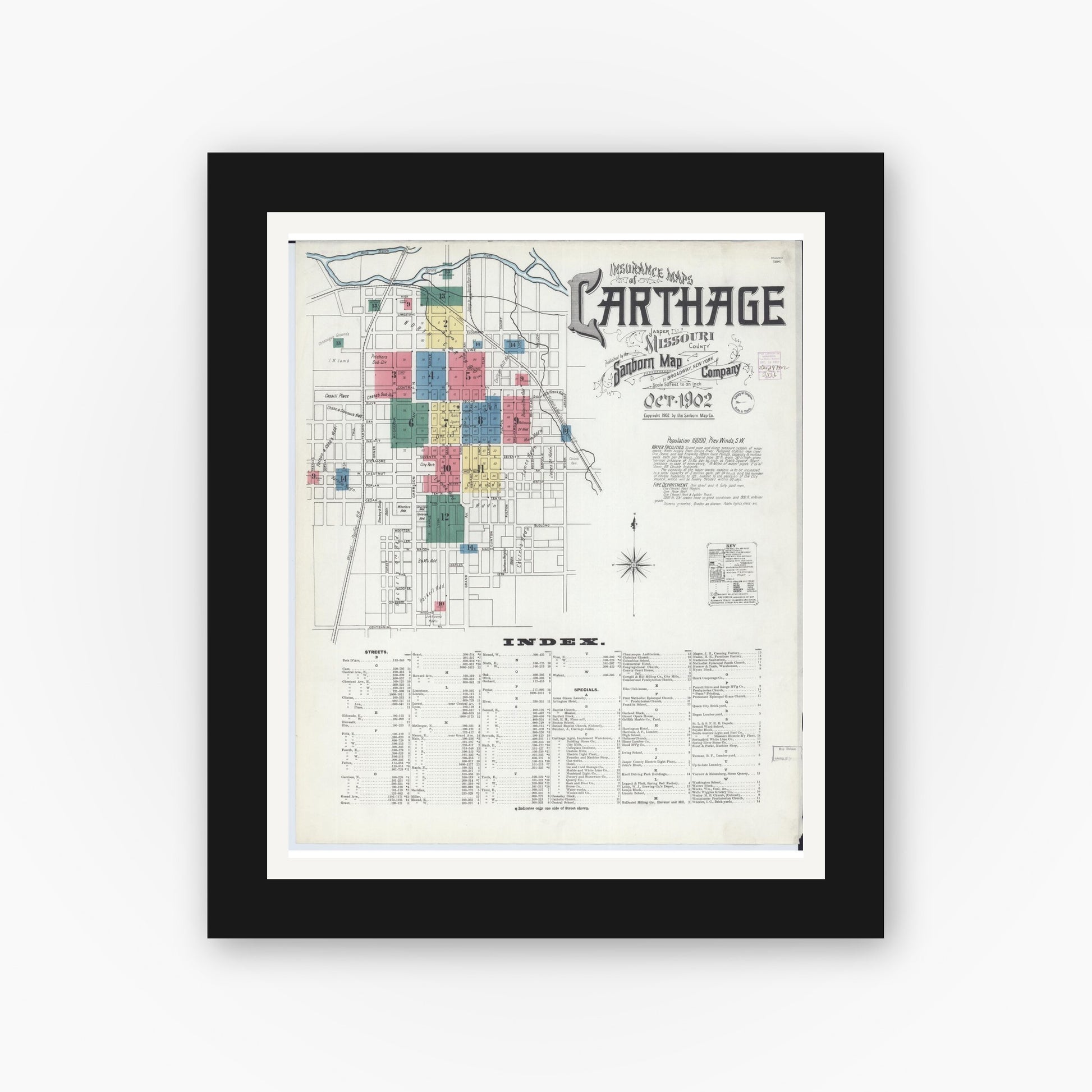 Old map wall art mockup — black gallery frame with white mat — Sanborn Fire Insurance Map from Carthage, Jasper County, Missouri (1902) - Complete Map Set