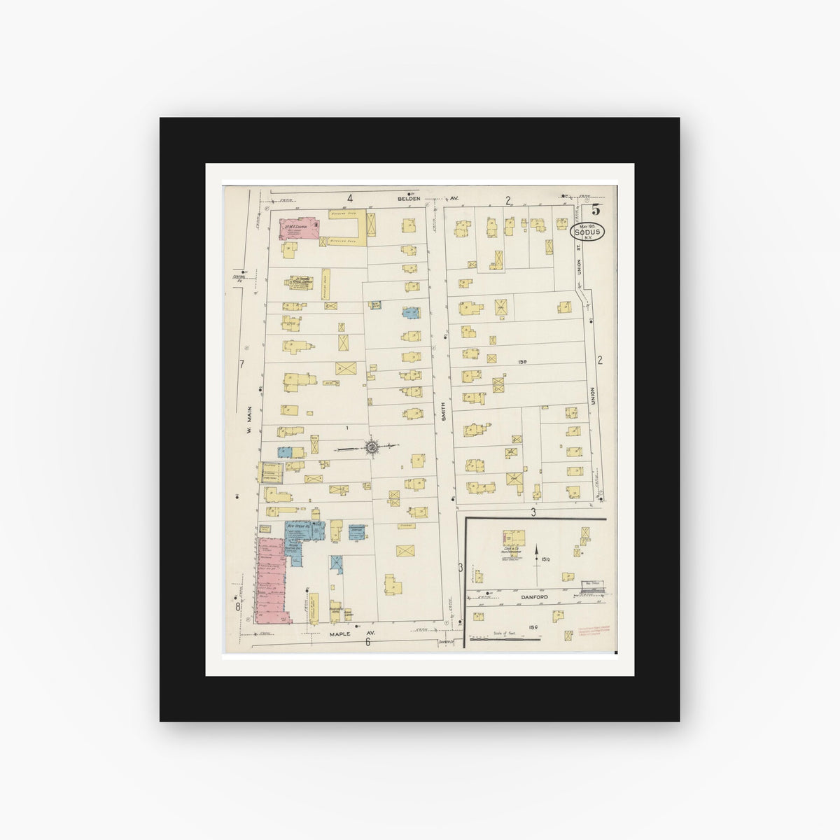 Old map wall art mockup — black gallery frame with white mat — Sanborn Fire Insurance Map from Sodus, Wayne County, New York (1915), Sheet #0005