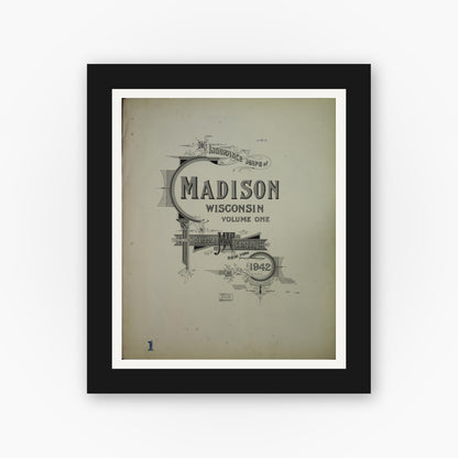 Old map wall art mockup — black gallery frame with white mat — Sanborn Fire Insurance Map from Madison, Dane County, Wisconsin (1942), Sheet #0001