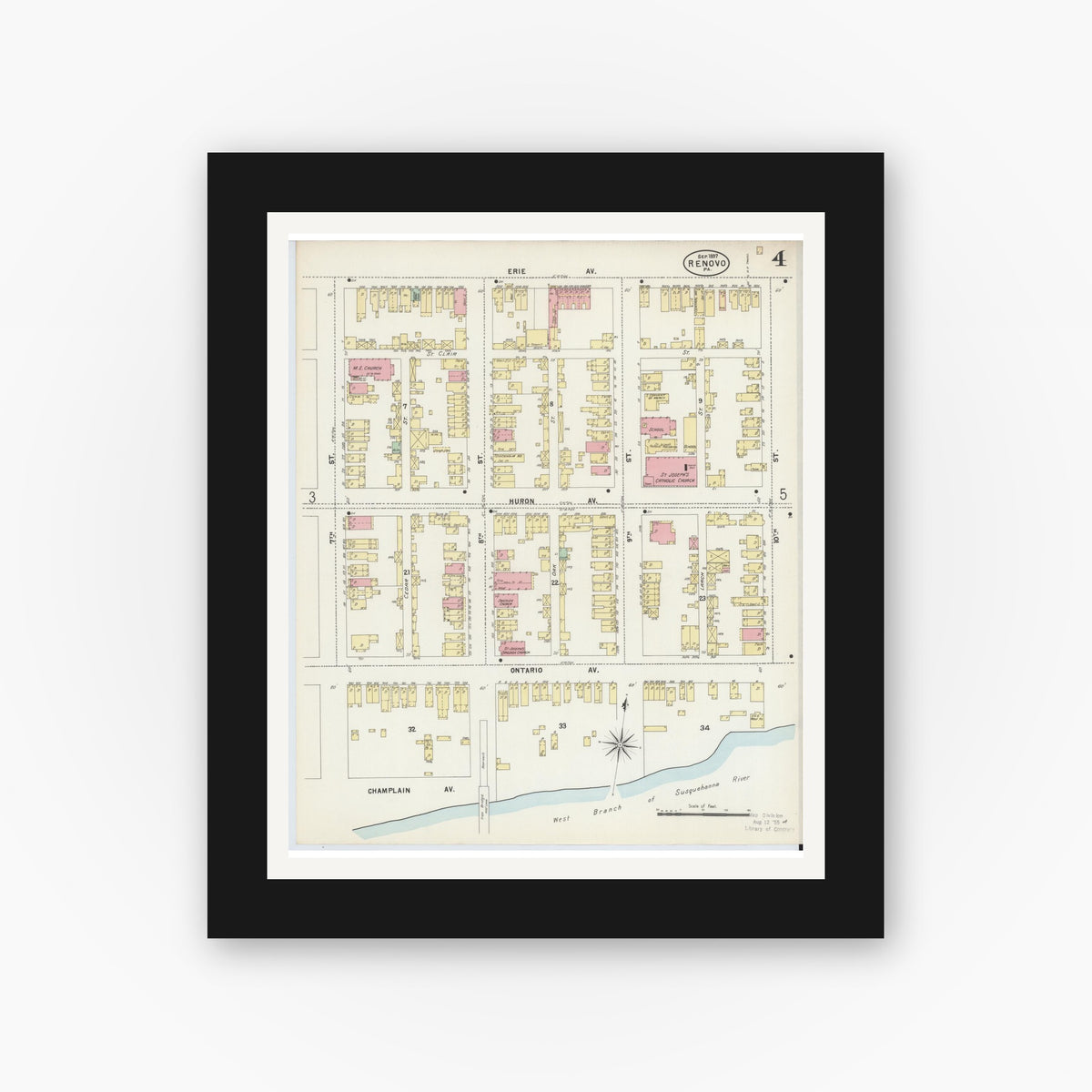 Old map wall art mockup — black gallery frame with white mat — Sanborn Fire Insurance Map from Renovo, Clinton County, Pennsylvania (1897), Sheet #0004