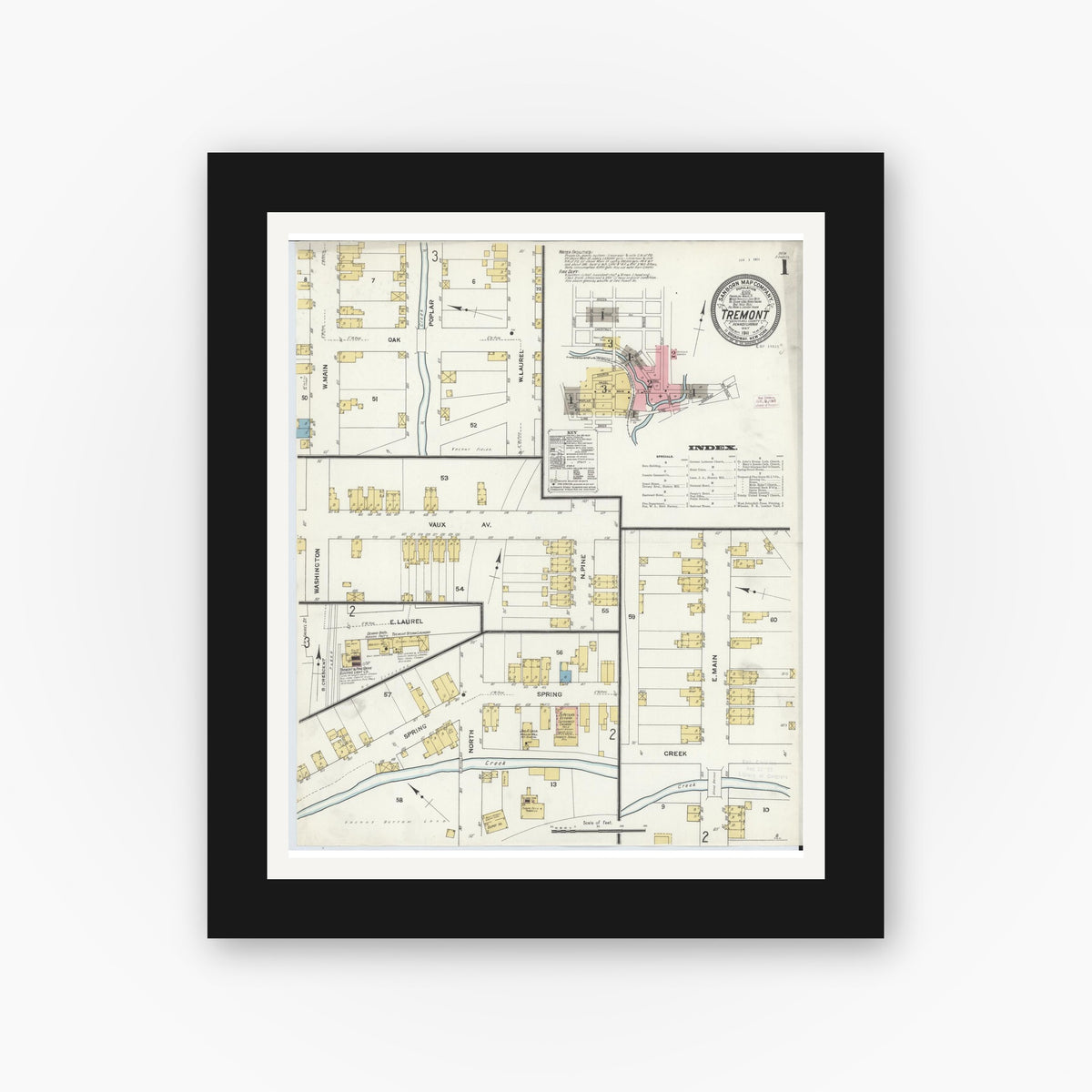 Old map wall art mockup — black gallery frame with white mat — Sanborn Fire Insurance Map from Tremont, Schuylkill County, Pennsylvania (1911), Sheet #0001