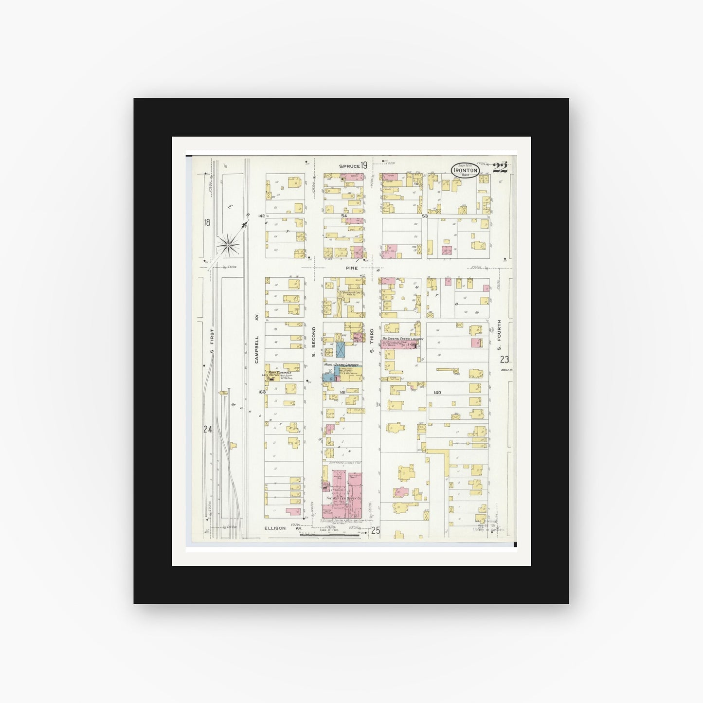Old map wall art mockup — black gallery frame with white mat — Sanborn Fire Insurance Map from Ironton, Lawrence County, Ohio (1909), Sheet #0022