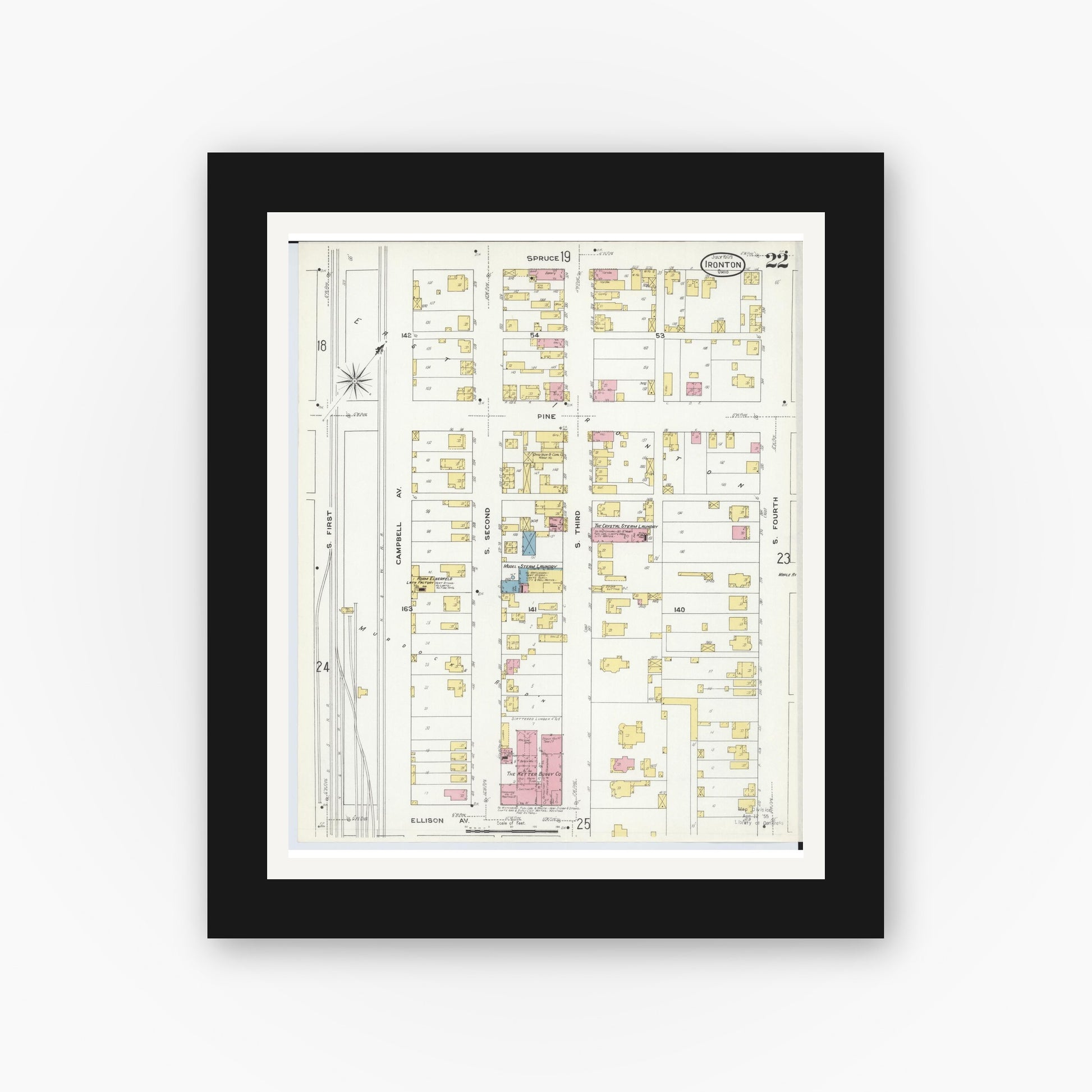 Old map wall art mockup — black gallery frame with white mat — Sanborn Fire Insurance Map from Ironton, Lawrence County, Ohio (1909), Sheet #0022