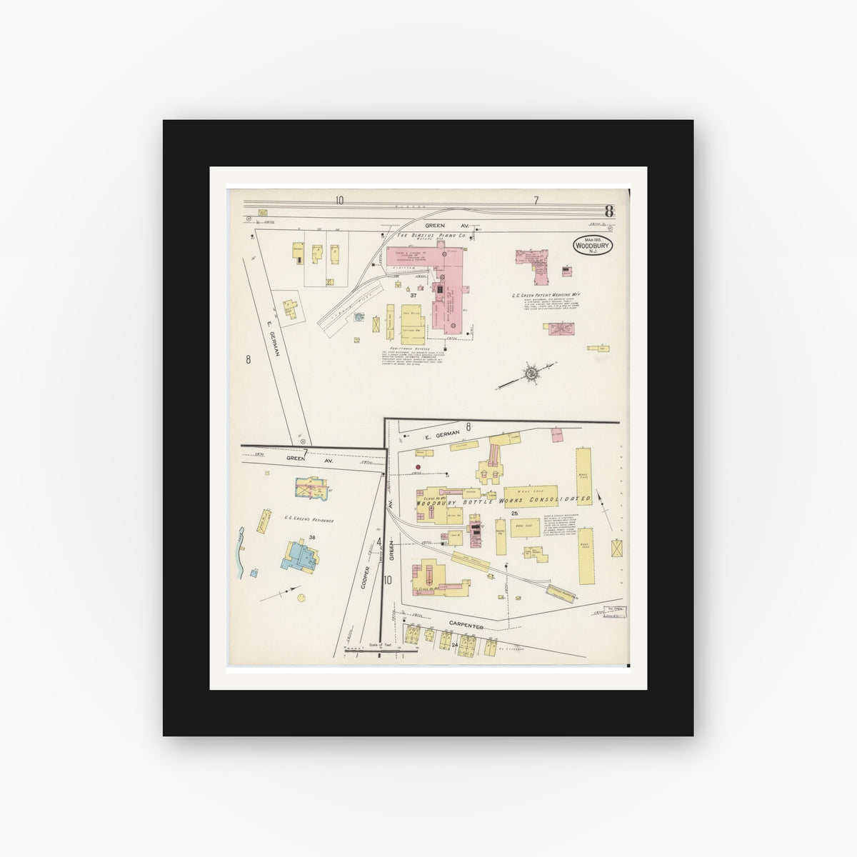 Old map wall art mockup — black gallery frame with white mat — Sanborn Fire Insurance Map from Woodbury, Gloucester County, New Jersey (1915), Sheet #0008