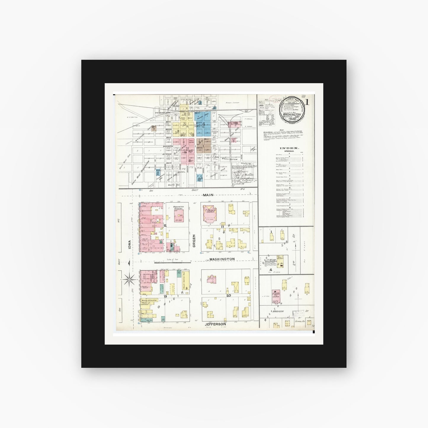Old map wall art mockup — black gallery frame with white mat — Sanborn Fire Insurance Map from Washington, Washington County, Iowa (1892) â€” Complete Set