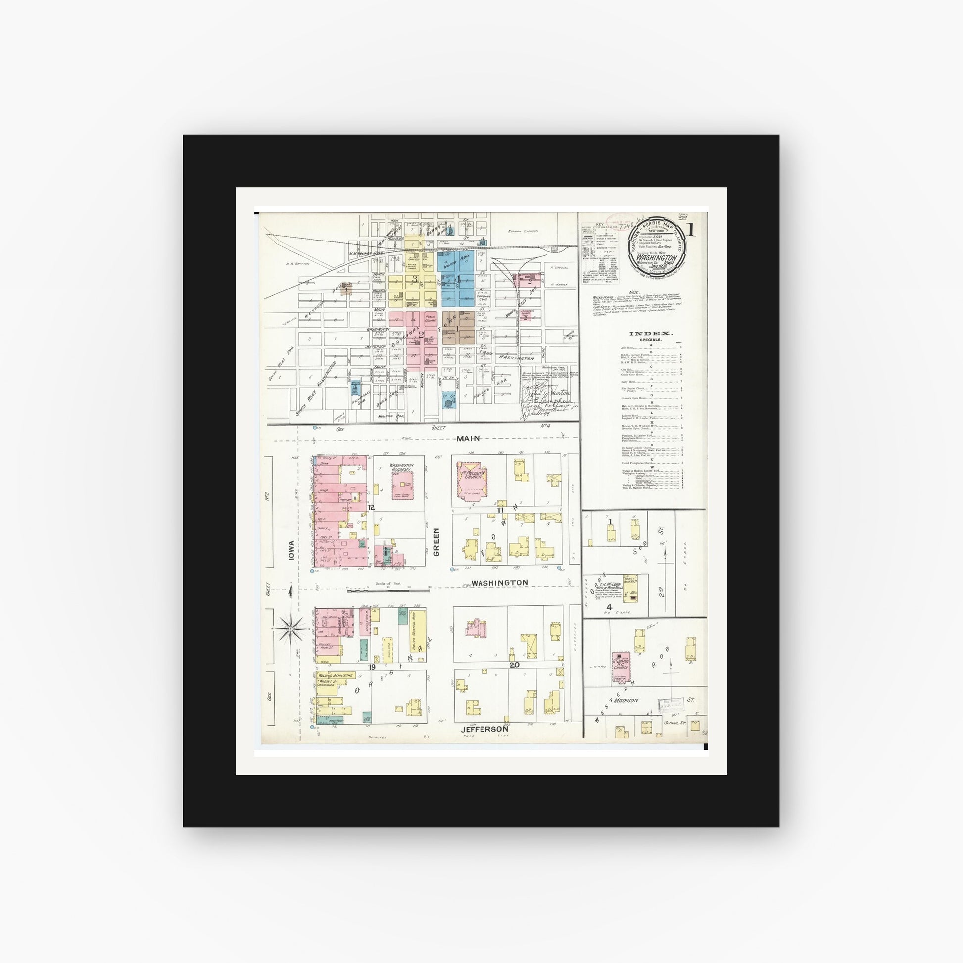 Old map wall art mockup — black gallery frame with white mat — Sanborn Fire Insurance Map from Washington, Washington County, Iowa (1892) â€” Complete Set