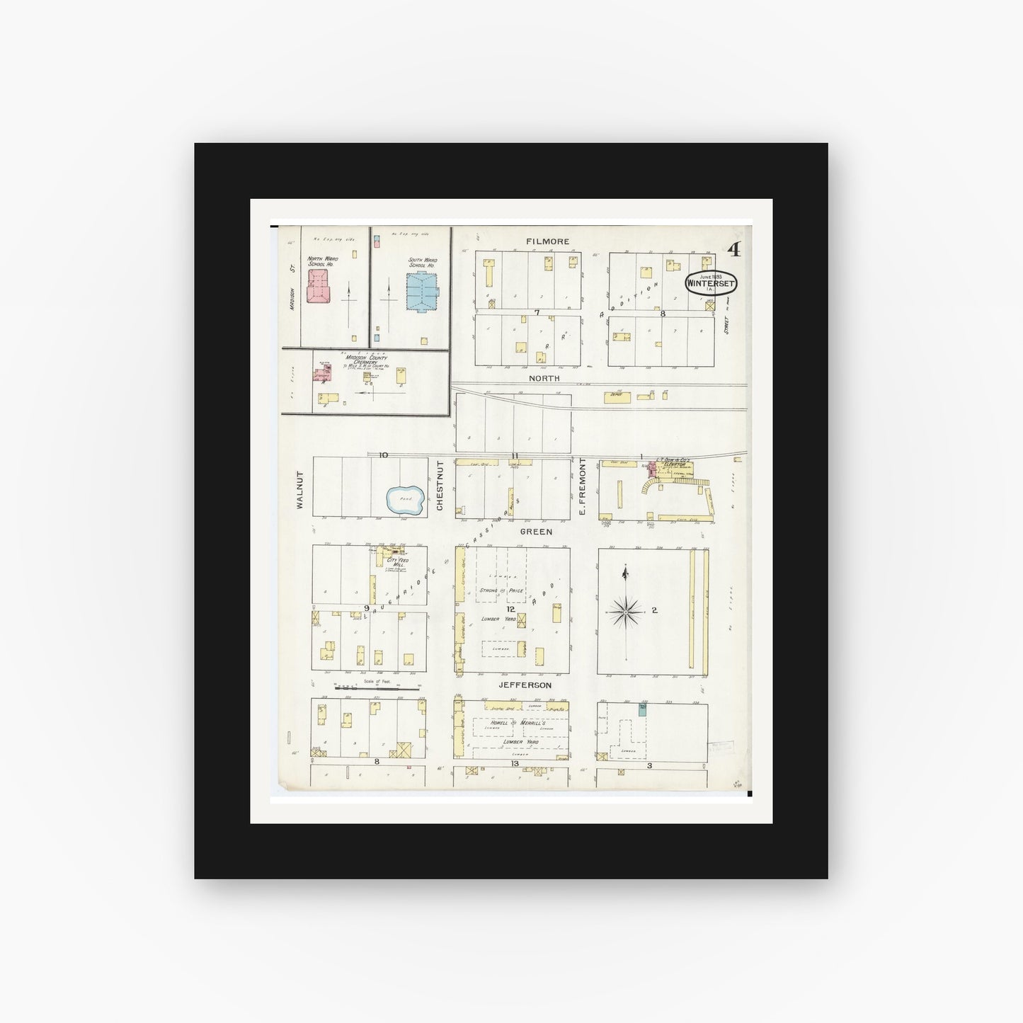 Old map wall art mockup — black gallery frame with white mat — Sanborn Fire Insurance Map from Winterset, Madison County, Iowa (1893), Sheet #0004