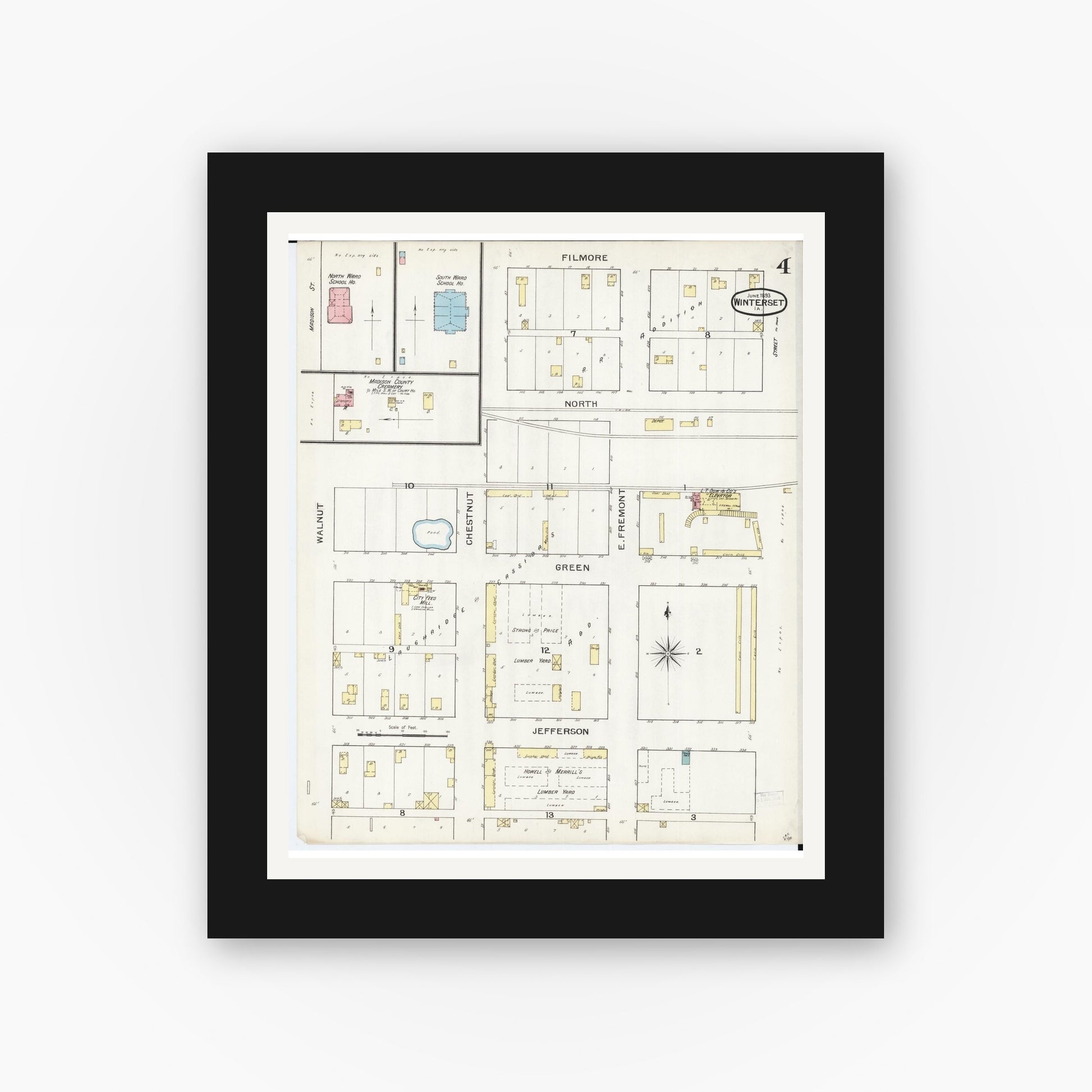 Old map wall art mockup — black gallery frame with white mat — Sanborn Fire Insurance Map from Winterset, Madison County, Iowa (1893), Sheet #0004