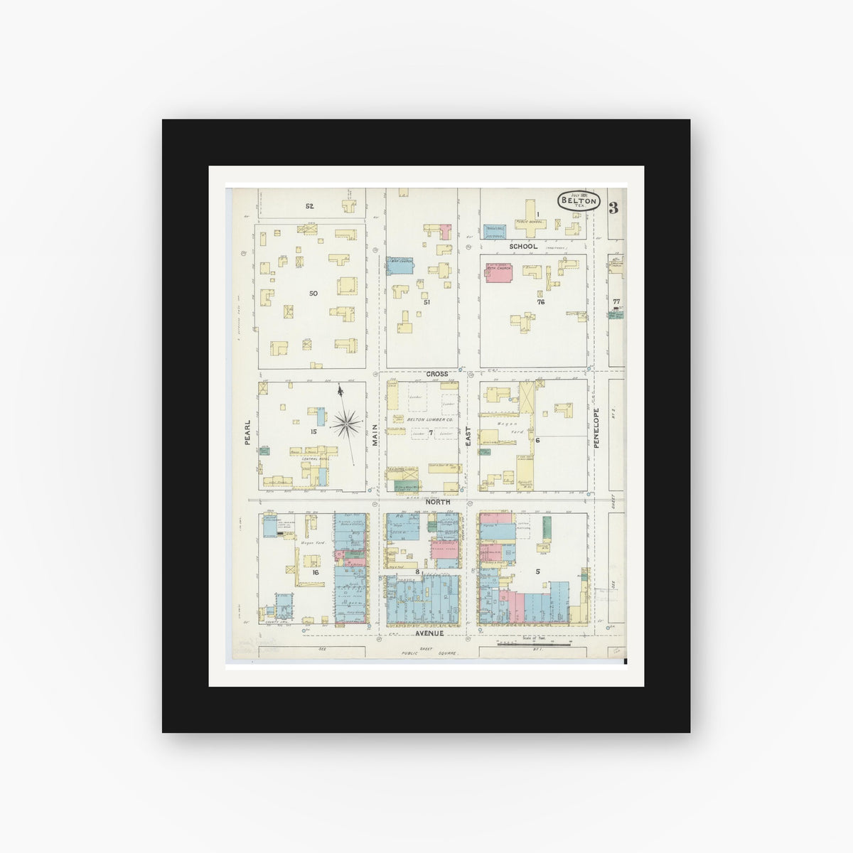Old map wall art mockup — black gallery frame with white mat — Sanborn Fire Insurance Map from Belton, Bell County, Texas (1891), Sheet #0003