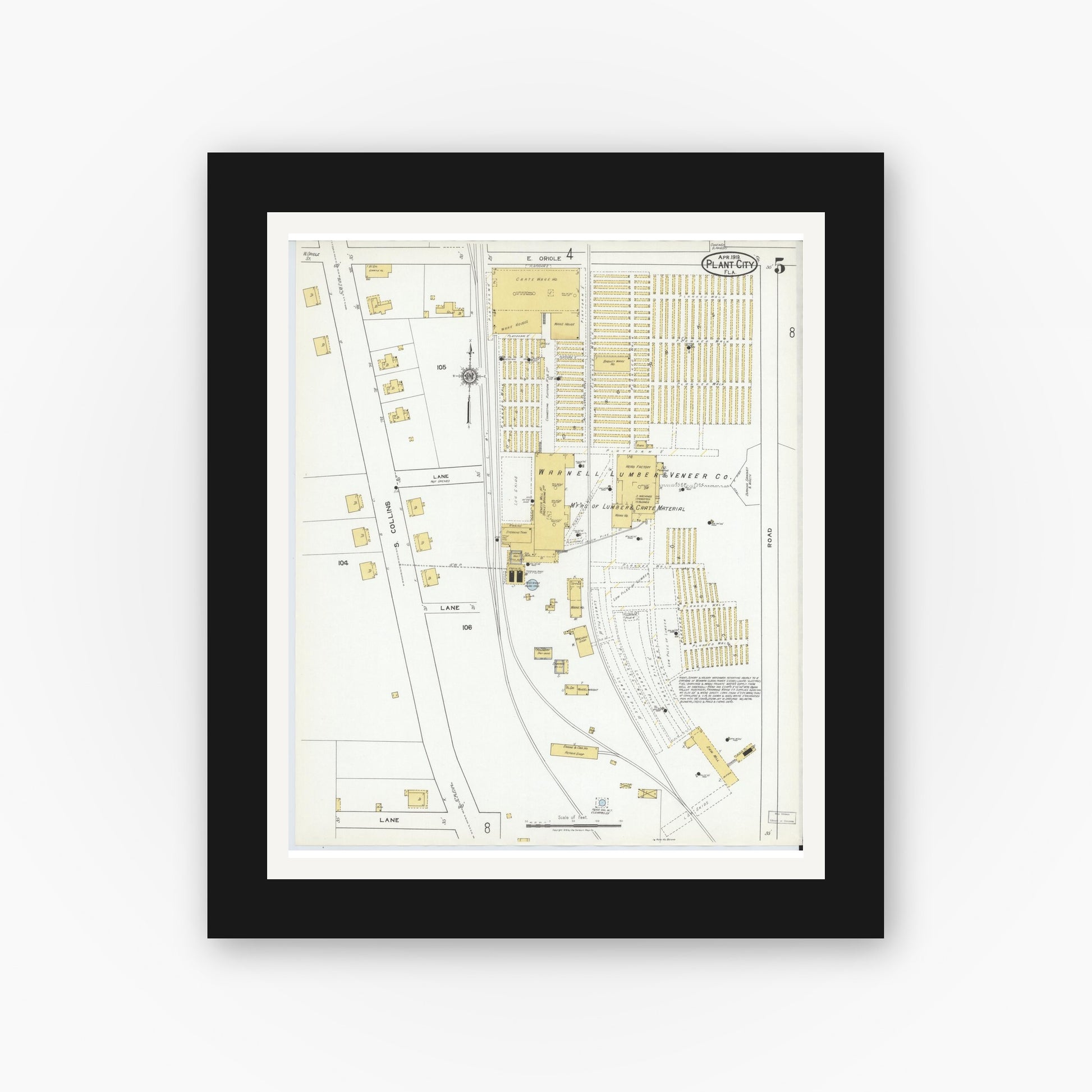 Old map wall art mockup — black gallery frame with white mat — Sanborn Fire Insurance Map from Plant City, Hillborough County, Florida (1919), Sheet #0005