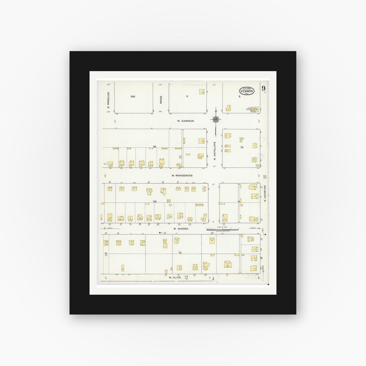Old map wall art mockup — black gallery frame with white mat — Sanborn Fire Insurance Map from Vernon, Wilbarger County, Texas (1920), Sheet #0009