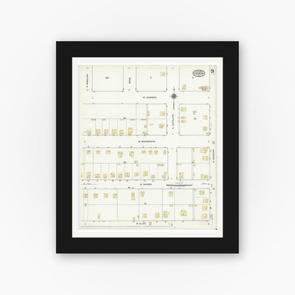 Old map wall art mockup — black gallery frame with white mat — Sanborn Fire Insurance Map from Vernon, Wilbarger County, Texas (1920), Sheet #0009