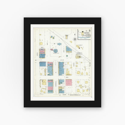 Old map wall art mockup — black gallery frame with white mat — Sanborn Fire Insurance Map from Coleman, Coleman County, Texas (1909), Sheet #0005