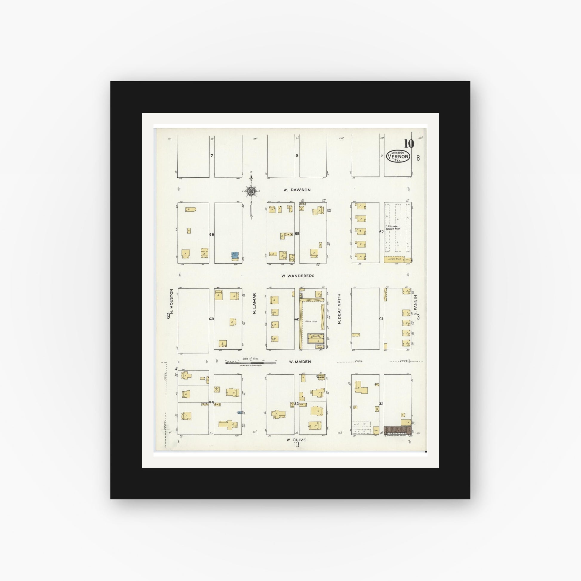 Old map wall art mockup — black gallery frame with white mat — Sanborn Fire Insurance Map from Vernon, Wilbarger County, Texas (1920), Sheet #0010