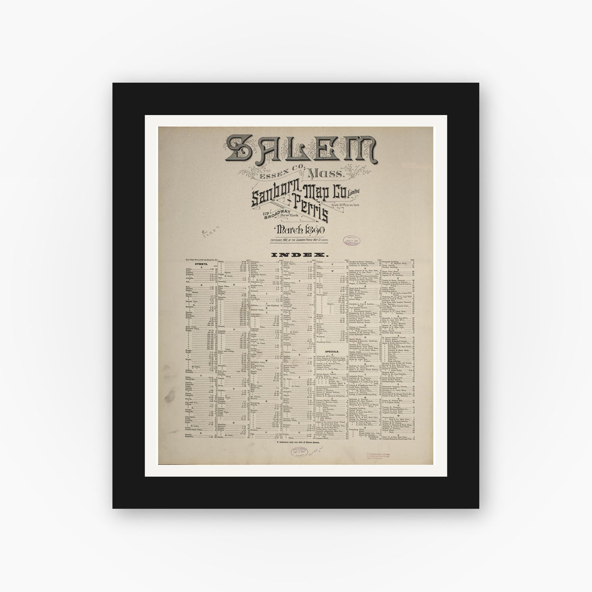 Old map wall art mockup — black gallery frame with white mat — Sanborn Fire Insurance Map from Salem, Essex County, Massachusetts (1890), Sheet #0001