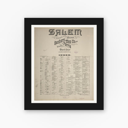 Old map wall art mockup — black gallery frame with white mat — Sanborn Fire Insurance Map from Salem, Essex County, Massachusetts (1890), Sheet #0001