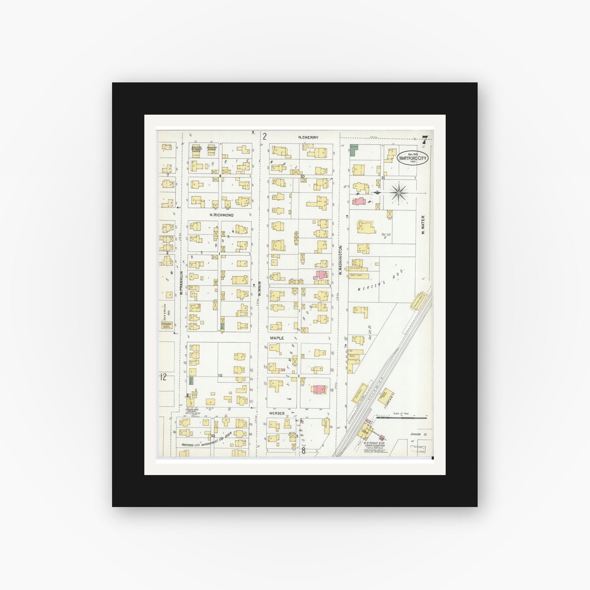 Old map wall art mockup — black gallery frame with white mat — Sanborn Fire Insurance Map from Hartford City, Blackford County, Indiana (1901), Sheet #0007