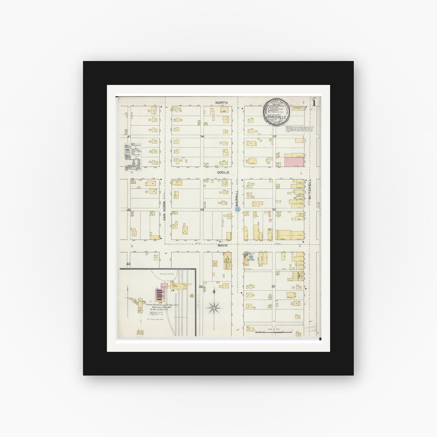 Old map wall art mockup — black gallery frame with white mat — Sanborn Fire Insurance Map from Braceville, Grundy County, Illinois (1892) - Complete Map Set