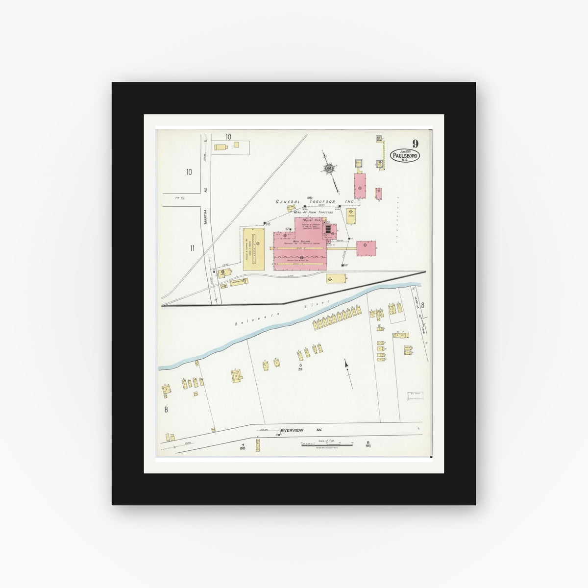 Old map wall art mockup — black gallery frame with white mat — Sanborn Fire Insurance Map from Paulsboro, Gloucester County, New Jersey (1920), Sheet #0009