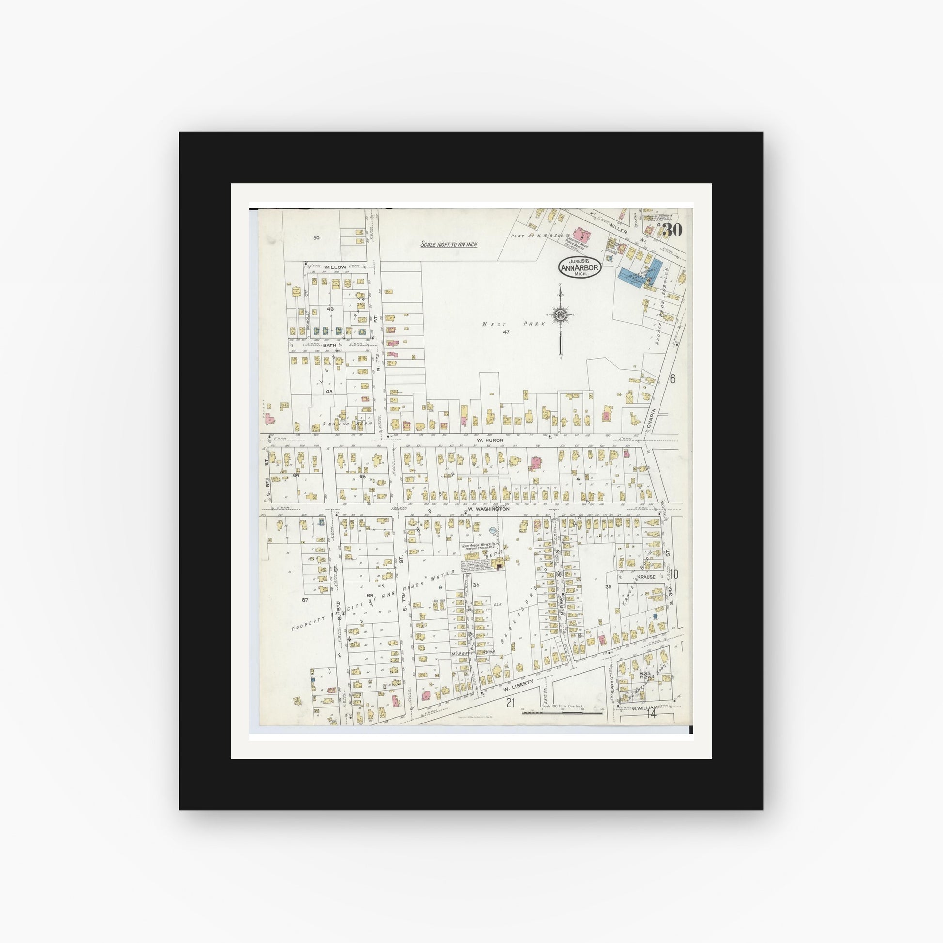 Old map wall art mockup — black gallery frame with white mat — Sanborn Fire Insurance Map from Ann Arbor, Washtenaw County, Michigan (1916), Sheet #0030