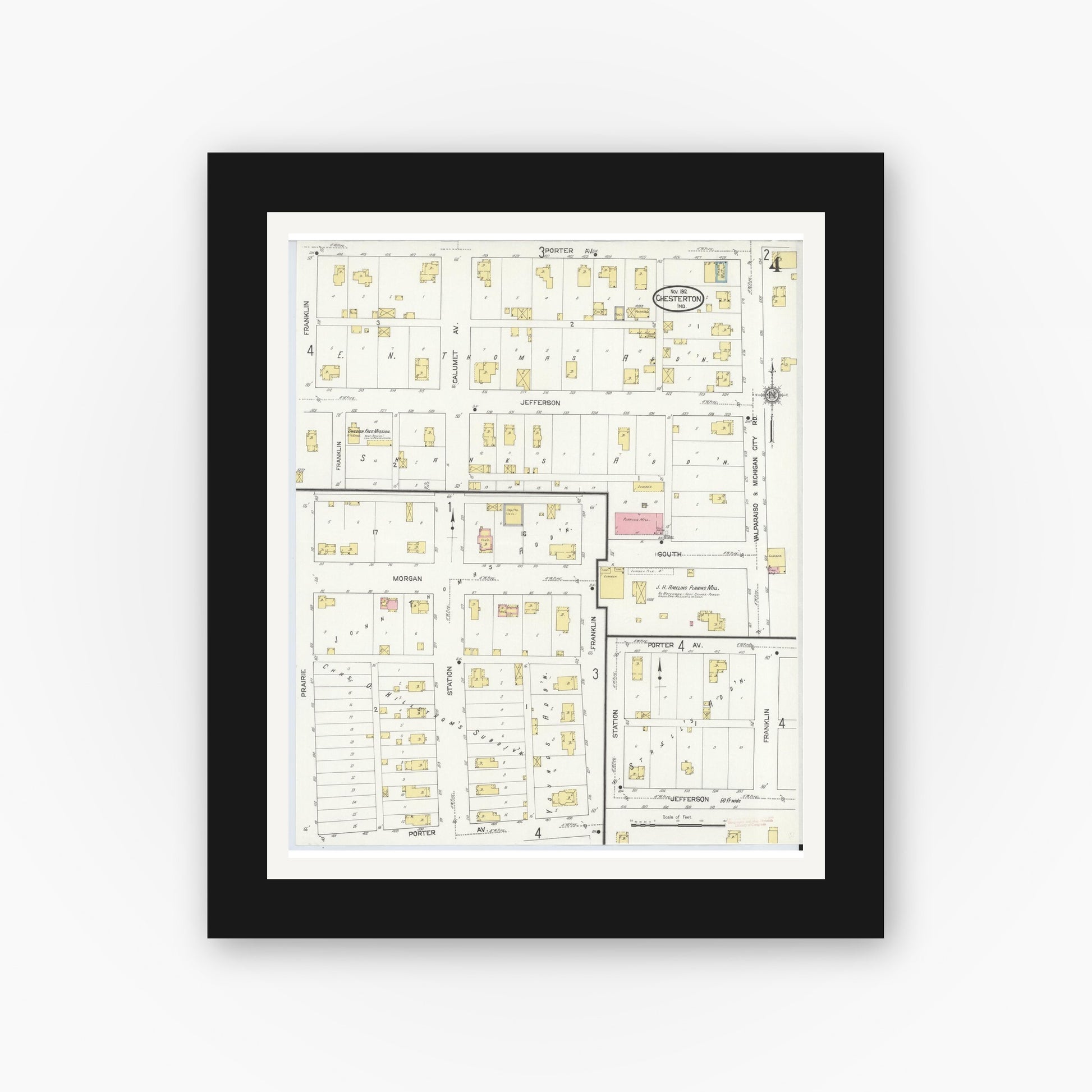 Old map wall art mockup — black gallery frame with white mat — Sanborn Fire Insurance Map from Chesterton, Porter County, Indiana (1912), Sheet #0004