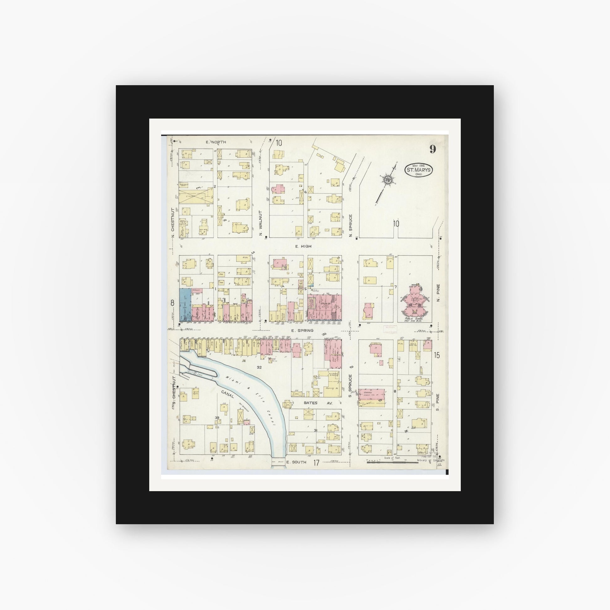 Old map wall art mockup — black gallery frame with white mat — Sanborn Fire Insurance Map from Saint Marys, Auglaize County, Ohio (1914), Sheet #0009