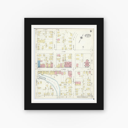 Old map wall art mockup — black gallery frame with white mat — Sanborn Fire Insurance Map from Saint Marys, Auglaize County, Ohio (1914), Sheet #0009
