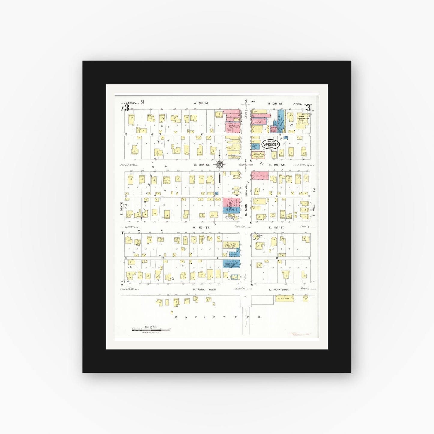 Old map wall art mockup — black gallery frame with white mat — Sanborn Fire Insurance Map from Spencer, Clay County, Iowa (1924), Sheet #0003