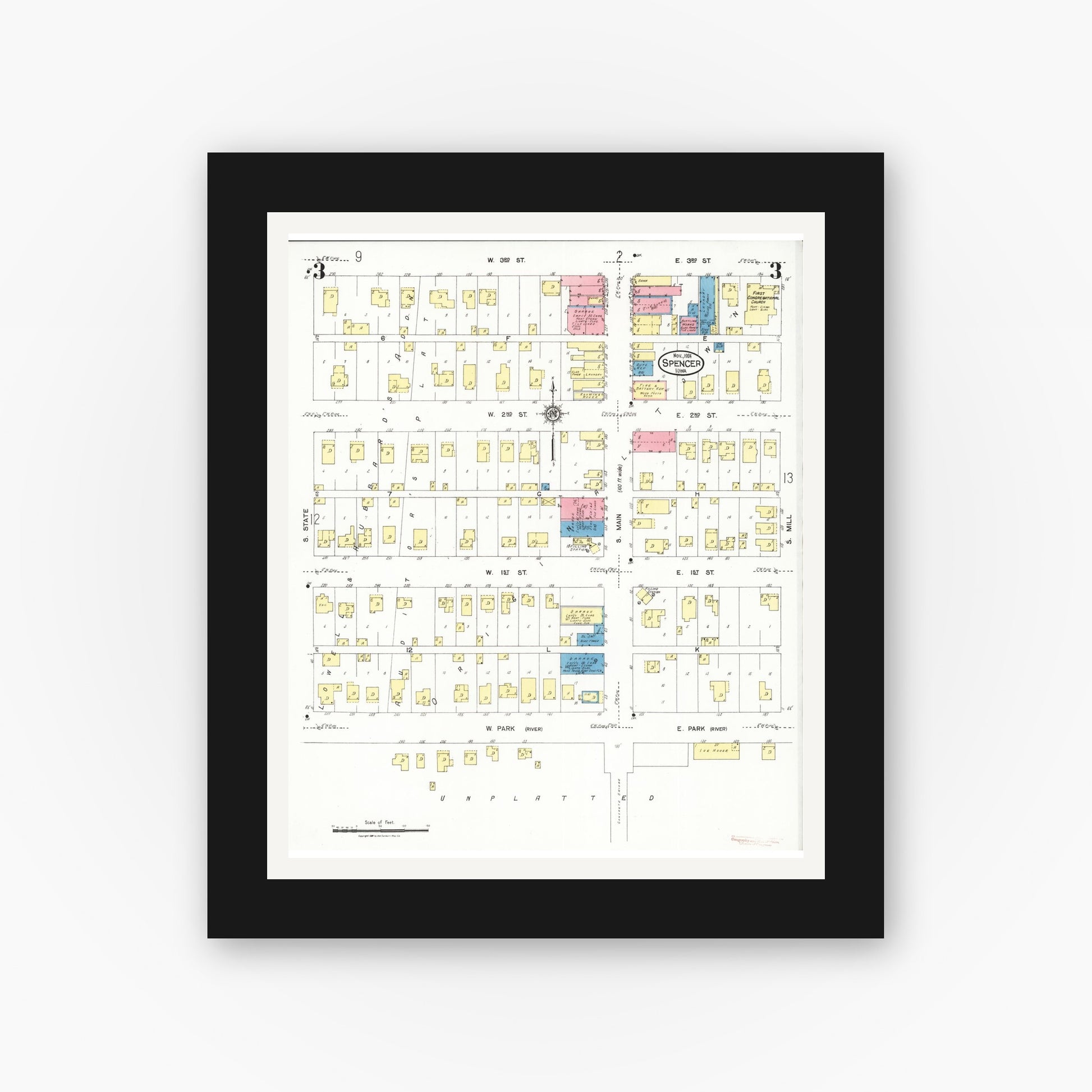 Old map wall art mockup — black gallery frame with white mat — Sanborn Fire Insurance Map from Spencer, Clay County, Iowa (1924), Sheet #0003
