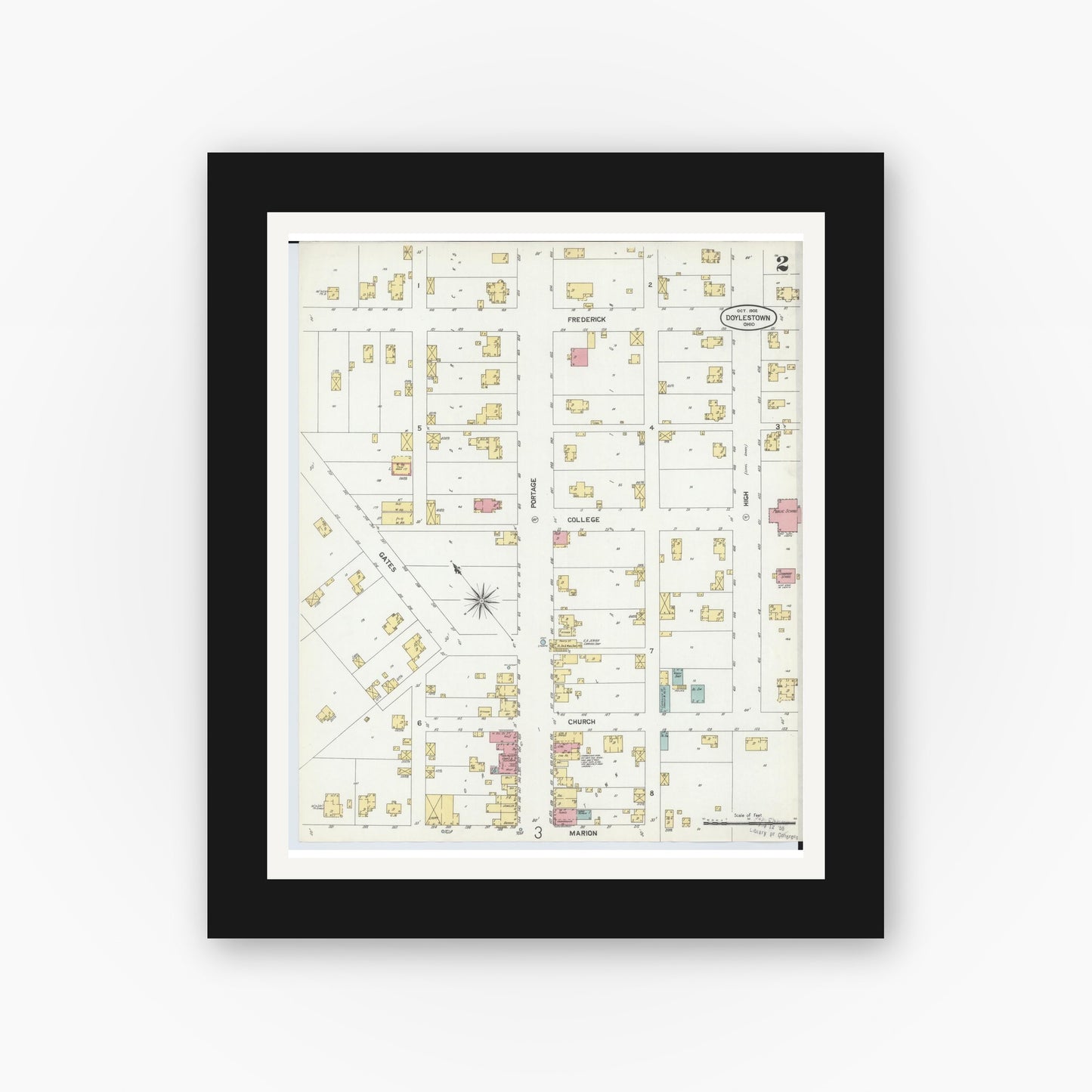 Old map wall art mockup — black gallery frame with white mat — Sanborn Fire Insurance Map from Doylestown, Wayne County, Ohio (1902), Sheet #0002