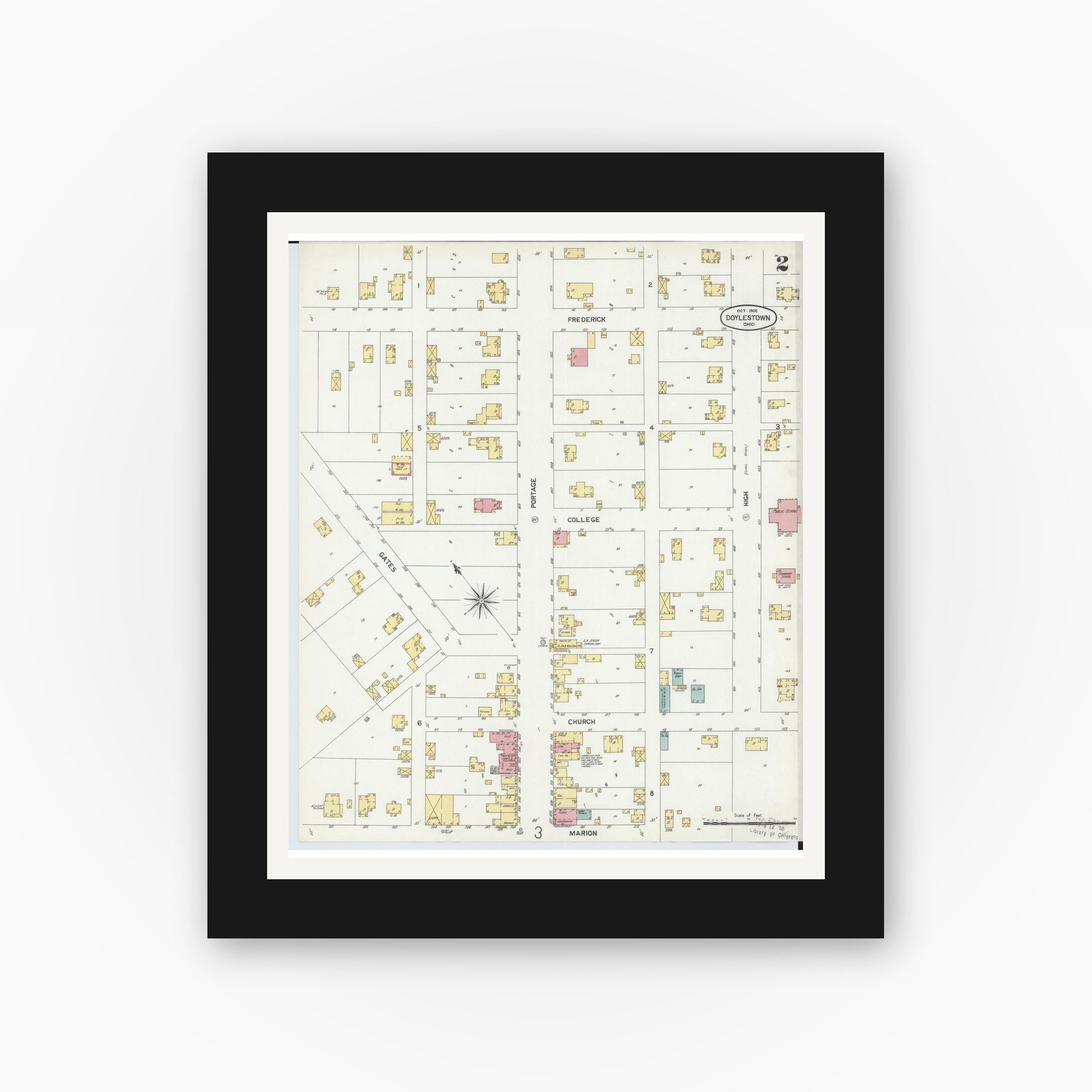 Old map wall art mockup — black gallery frame with white mat — Sanborn Fire Insurance Map from Doylestown, Wayne County, Ohio (1902), Sheet #0002
