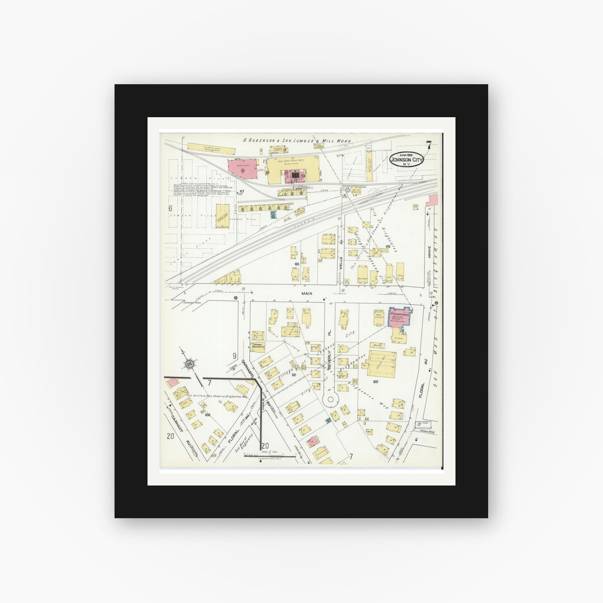 Old map wall art mockup — black gallery frame with white mat — Sanborn Fire Insurance Map from Johnson City, Broome County, New York (1918), Sheet #0007
