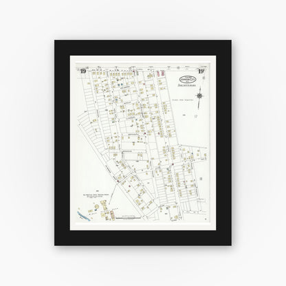 Old map wall art mockup — black gallery frame with white mat — Sanborn Fire Insurance Map from Johnson City, Broome County, New York (1925), Sheet #0019