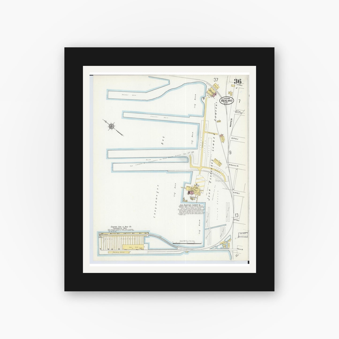 Old map wall art mockup — black gallery frame with white mat — Sanborn Fire Insurance Map from Ashland, Ashland County, Wisconsin (1909), Sheet #0036