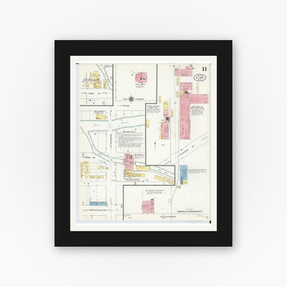 Old map wall art mockup — black gallery frame with white mat — Sanborn Fire Insurance Map from Alma, Gratiot County, Michigan (1910), Sheet #0011
