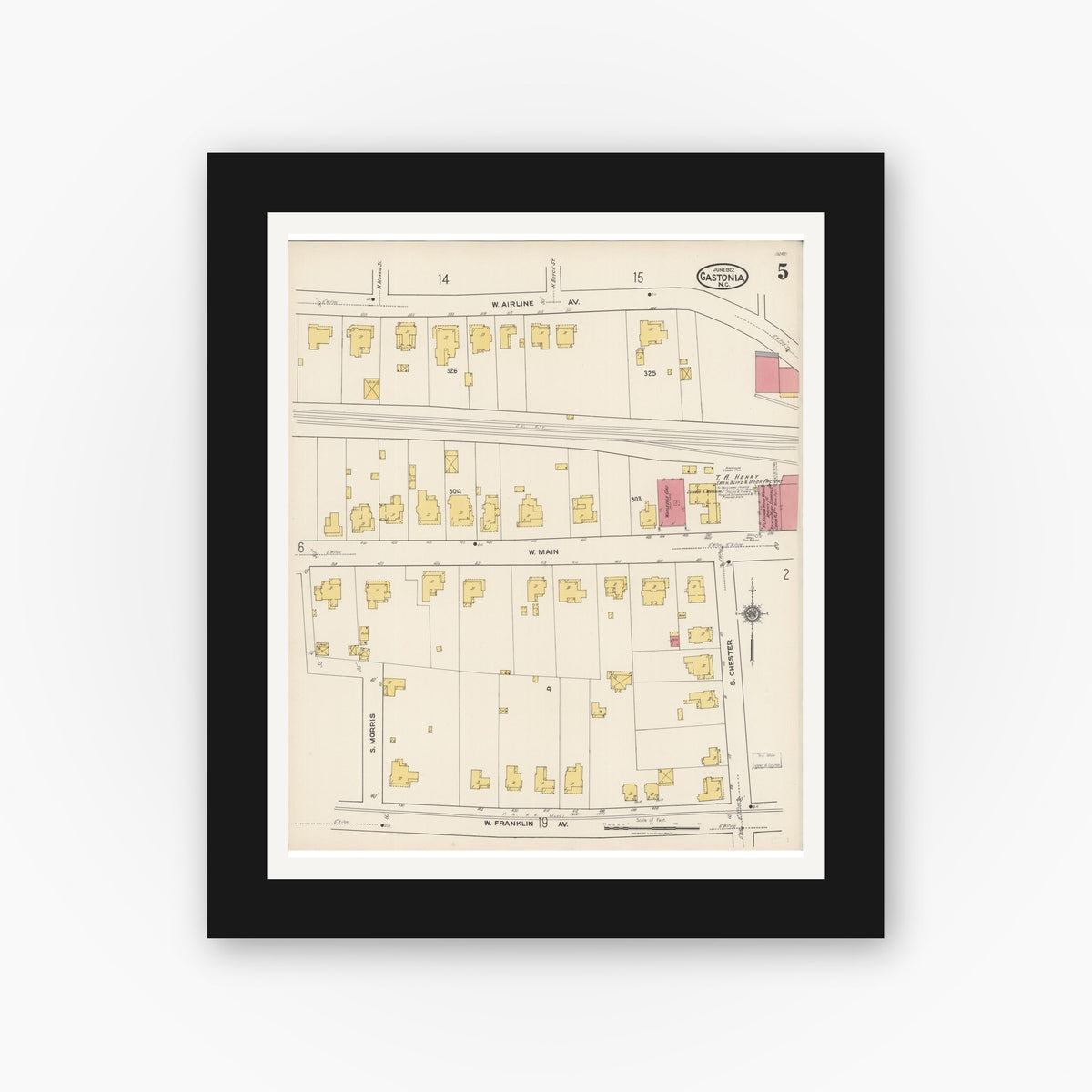 Old map wall art mockup — black gallery frame with white mat — Sanborn Fire Insurance Map from Gastonia, Gaston County, North Carolina (1922), Sheet #0005