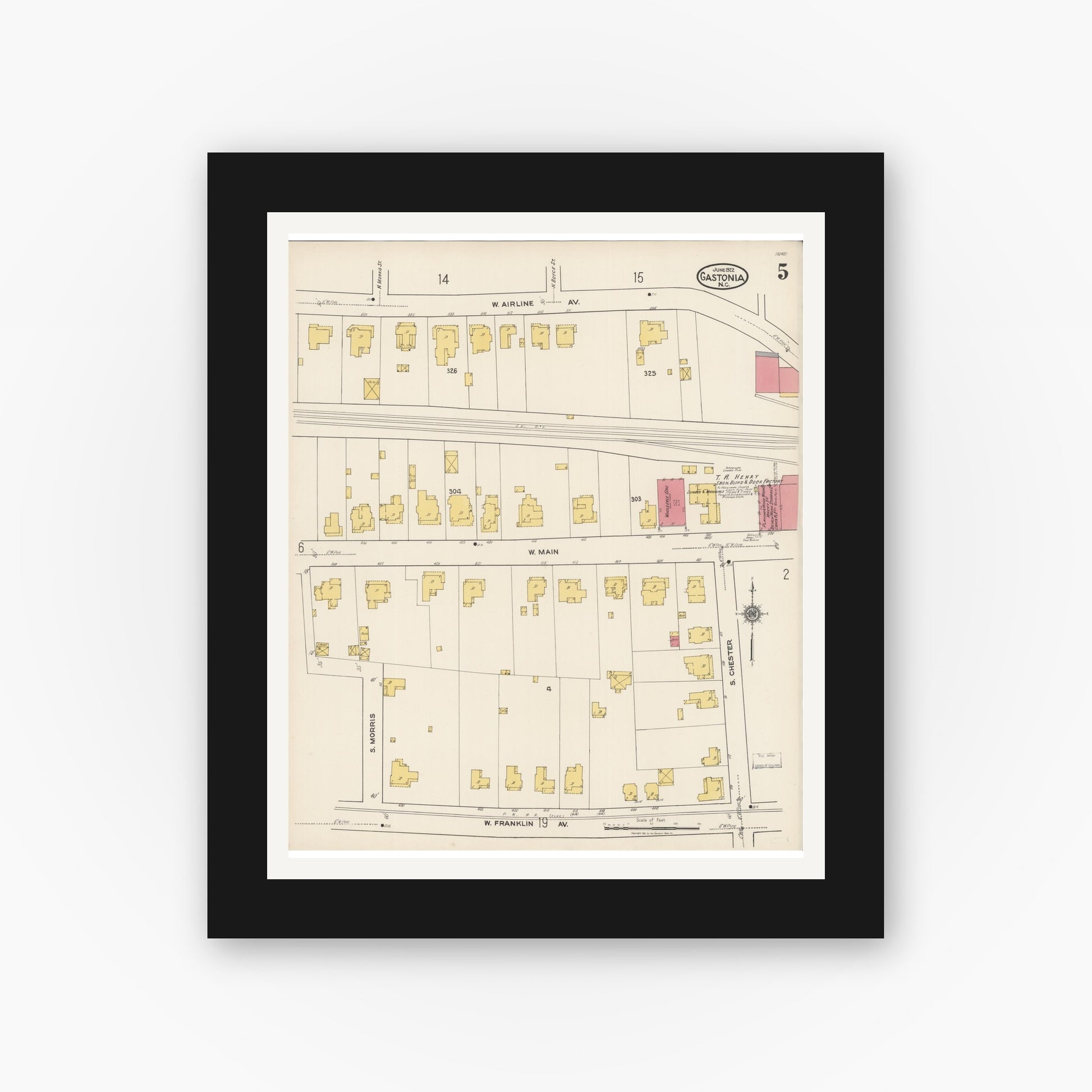 Old map wall art mockup — black gallery frame with white mat — Sanborn Fire Insurance Map from Gastonia, Gaston County, North Carolina (1922), Sheet #0005