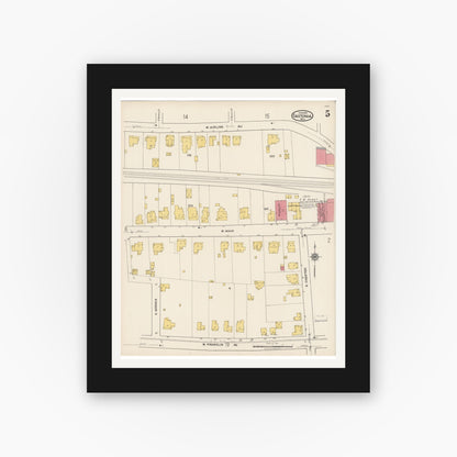 Old map wall art mockup — black gallery frame with white mat — Sanborn Fire Insurance Map from Gastonia, Gaston County, North Carolina (1922), Sheet #0005