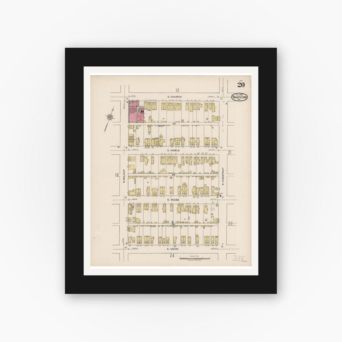 Old map wall art mockup — black gallery frame with white mat — Sanborn Fire Insurance Map from Nanticoke, Luzerne County, Pennsylvania (1920), Sheet #0020
