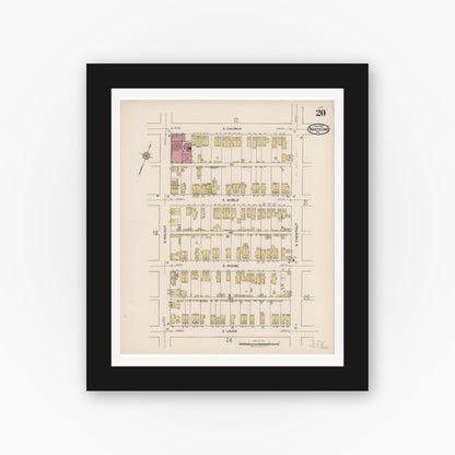 Old map wall art mockup — black gallery frame with white mat — Sanborn Fire Insurance Map from Nanticoke, Luzerne County, Pennsylvania (1920), Sheet #0020