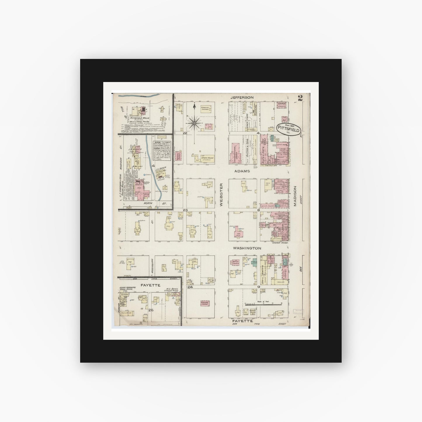 Old map wall art mockup — black gallery frame with white mat — Sanborn Fire Insurance Map from Pittsfield, Pike County, Illinois (1885), Sheet #0002