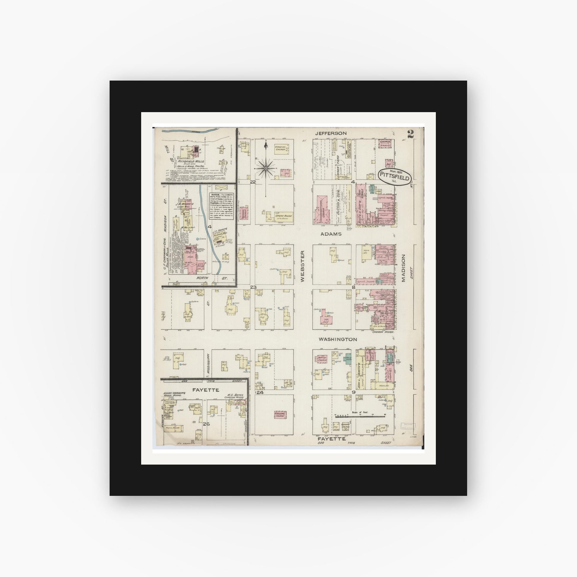Old map wall art mockup — black gallery frame with white mat — Sanborn Fire Insurance Map from Pittsfield, Pike County, Illinois (1885), Sheet #0002