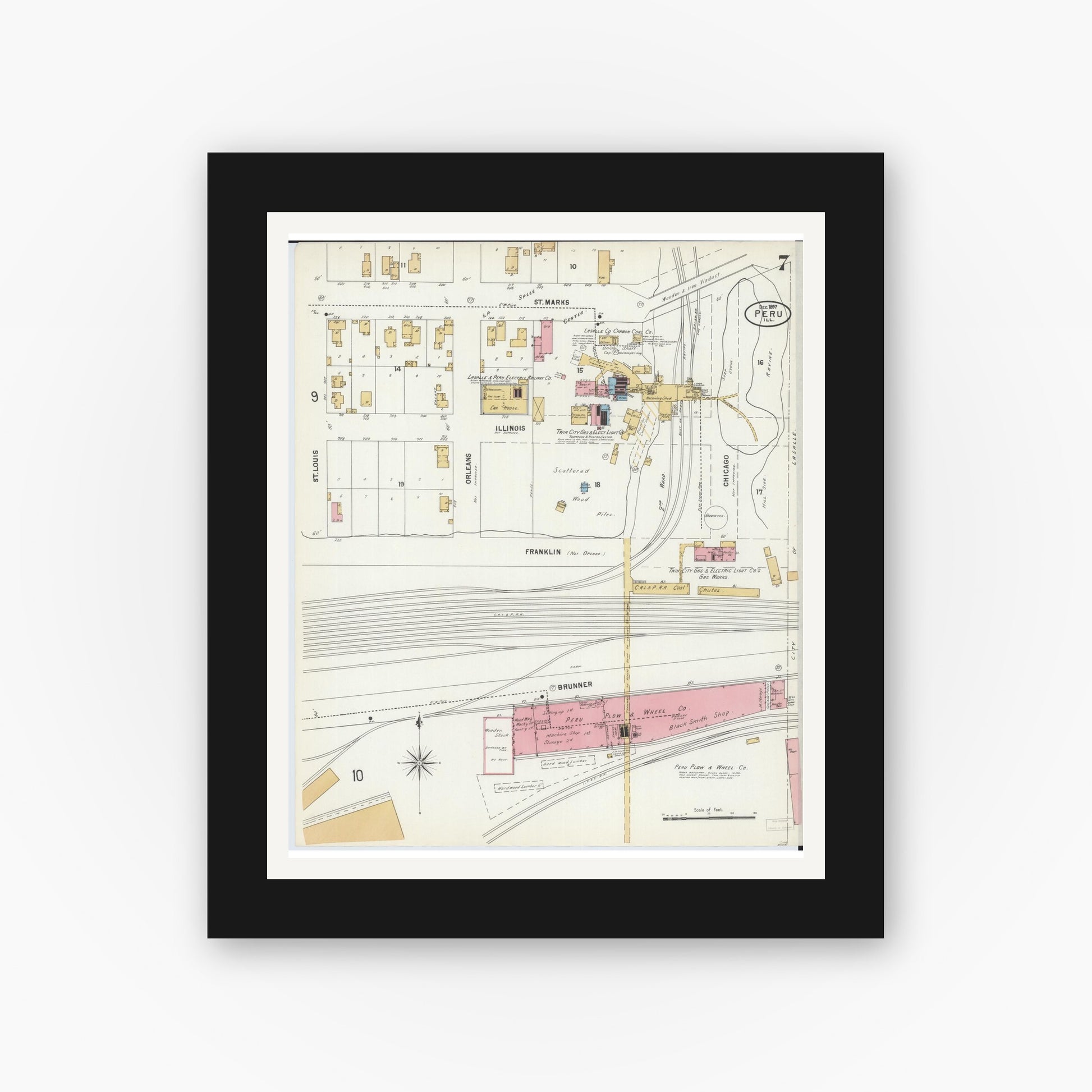 Old map wall art mockup — black gallery frame with white mat — Sanborn Fire Insurance Map from Peru, La Salle County, Illinois (1897), Sheet #0007